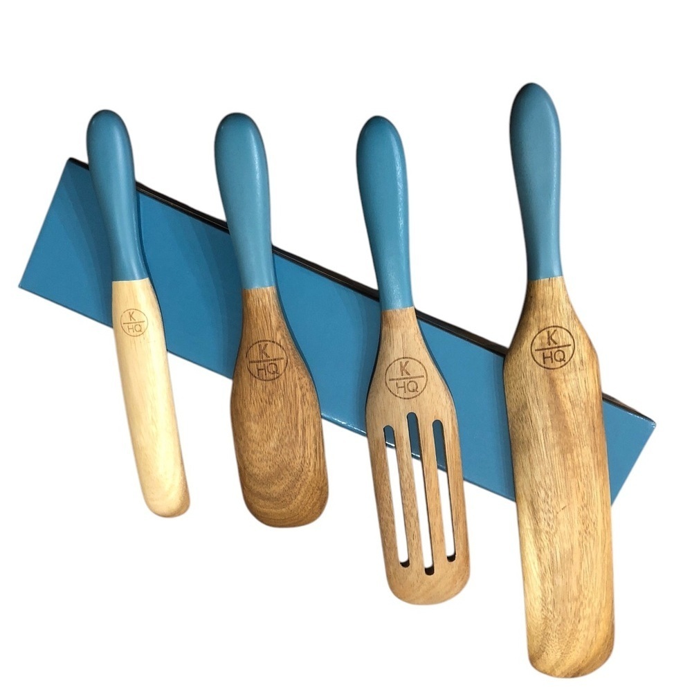 Kitchen HQ Acacia Wood Spurtle Set 4-Piece Teal Handles No Scratch Utensils NIB